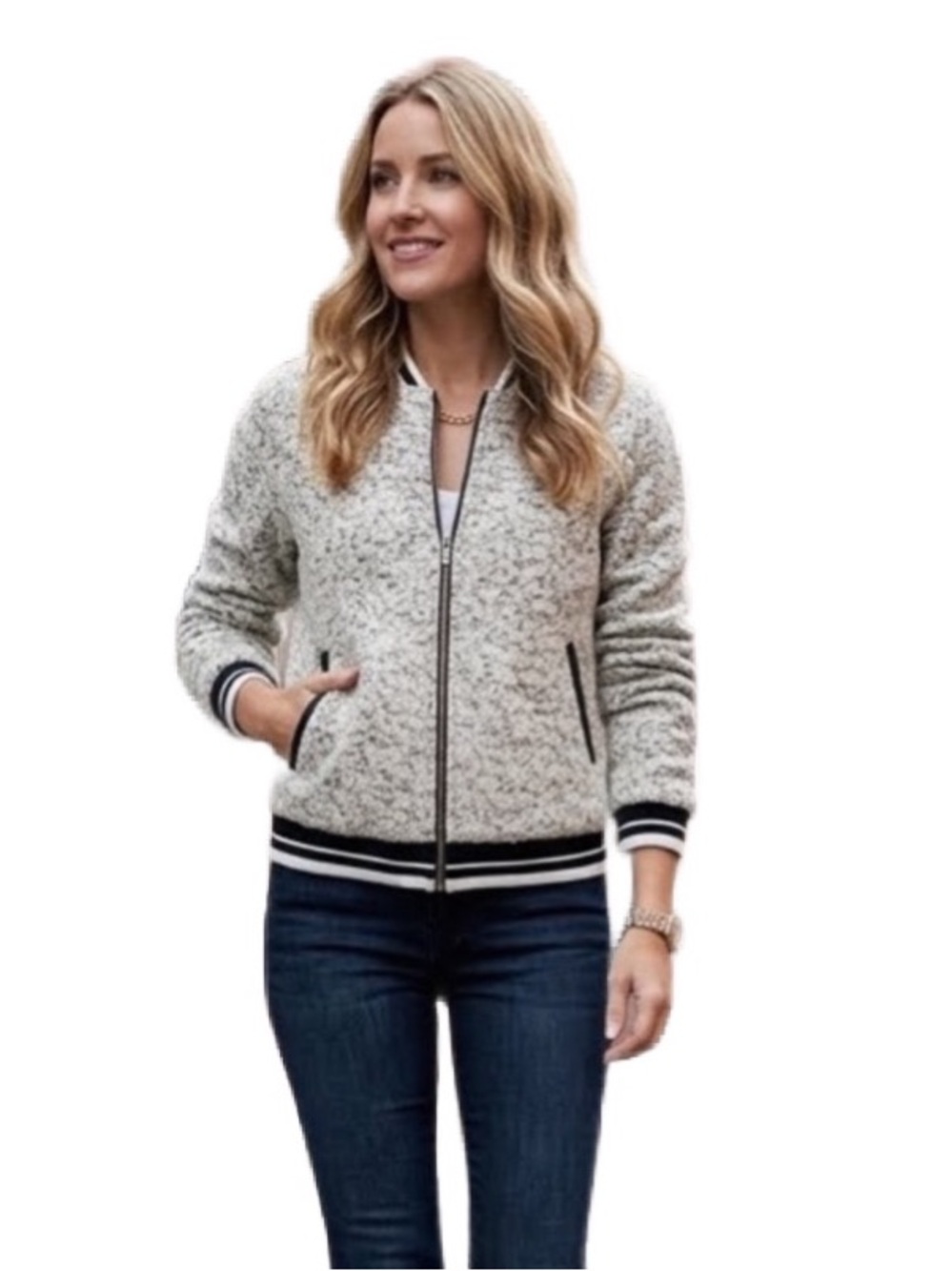 Glamorous Cashmere Blend Boucle Winter Varsity Style Bomber Jacket XS